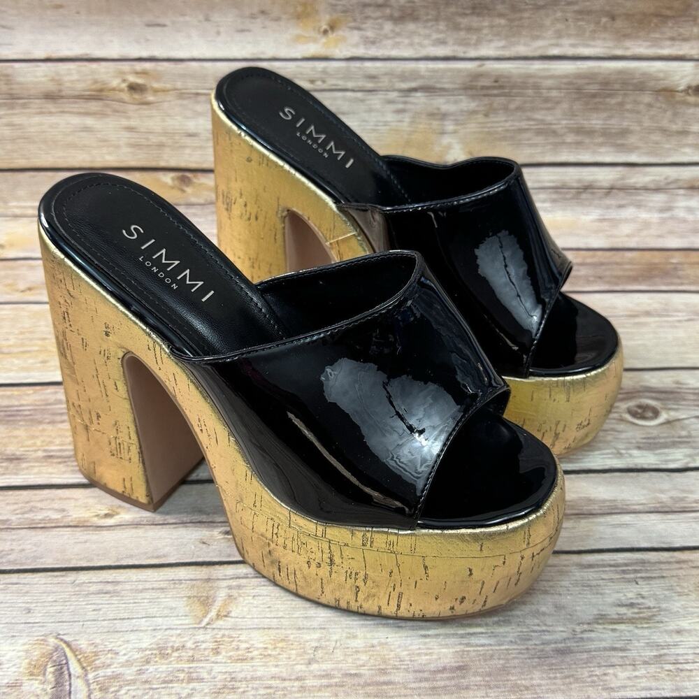 Simmi London Womens Black & Gold Patent Leather Platform Heels 9 Retro 70s Inspo